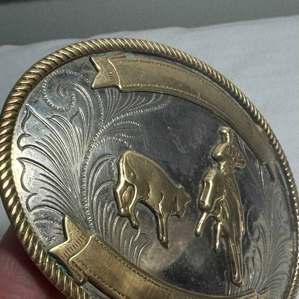 Vintage German Silver Cutting Horse working Steer Belt Buckle‎ No Engraving